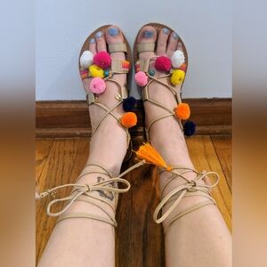 Asos Boho Pom Pom Colorful Tie Up Flat Sandals size 7